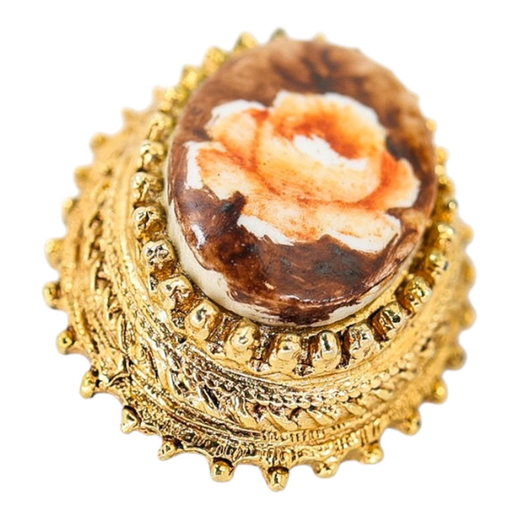 Vintage Florenza Hand-Painted Porcelain Cabs Clip On Earrings Ornate Gold Tone - Picture 6 of 14
